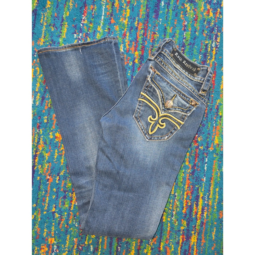 Rock Revival Stephanie Bootcut Jeans Blue Embellished Low Rise 29 x 33